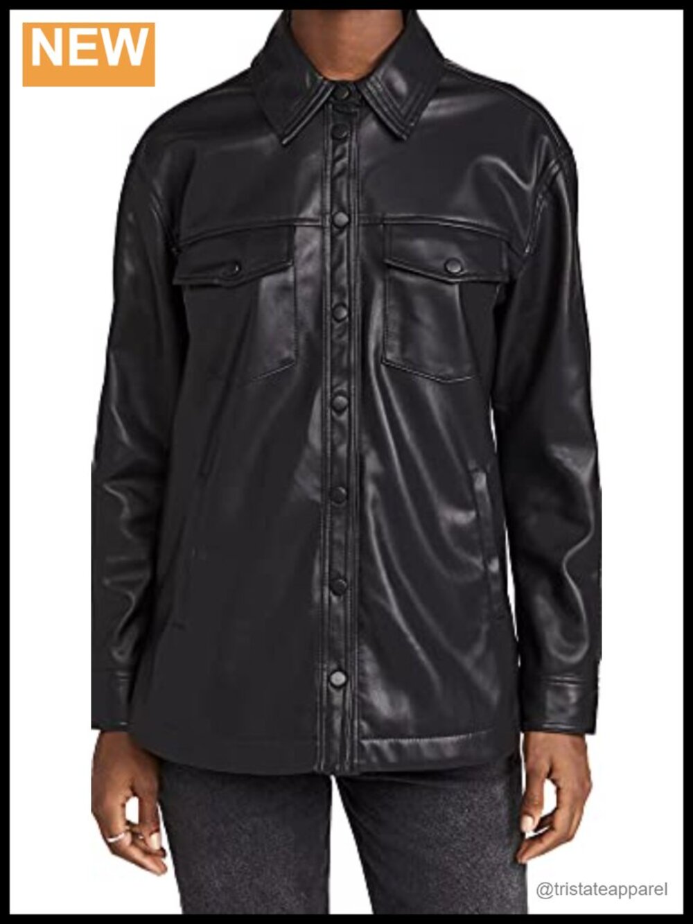 Women's Vegan Leather Faux Leather Shirt Jacket with Collared Neck and Snap